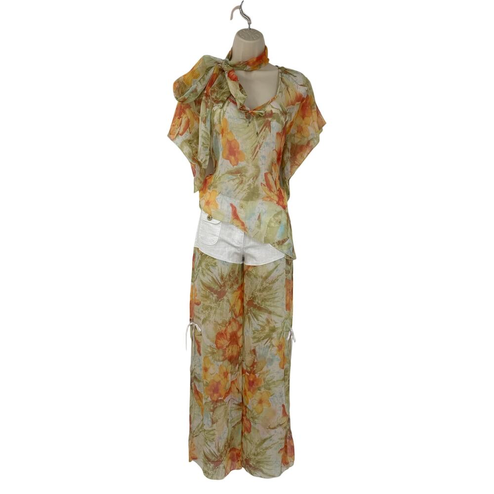 Womens Boho Sheer Floral 2pc Set Palazzo Pants Overlay Shorts Resort Y2K Size L - Picture 2 of 16